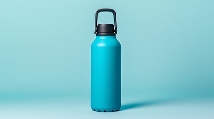 Aqua Blue Water Bottle with Black Handle on Blue Background