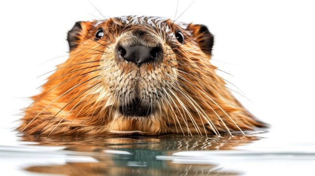 A stunning Eurasian beaver depicted in detail, showcasing its robust form and rich fur against a pure white backdrop. - Powered by Adobe