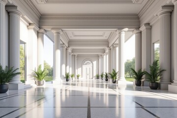 Obraz premium Bright and Airy Neoclassical Hallway with Tall Columns and Lush Greenery, Featuring Elegant Marble Flooring and Ample Natural Light from Arched Windows