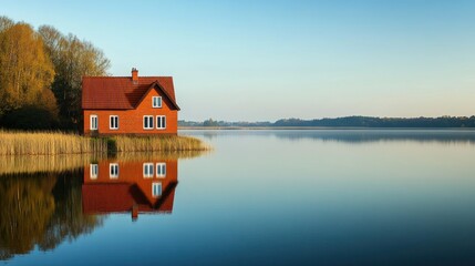 Obraz premium A serene lakeside scene featuring a red house reflecting in calm waters.