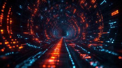 Fototapeta premium Futuristic digital tunnel with vibrant blue and orange lights, suggesting motion and depth