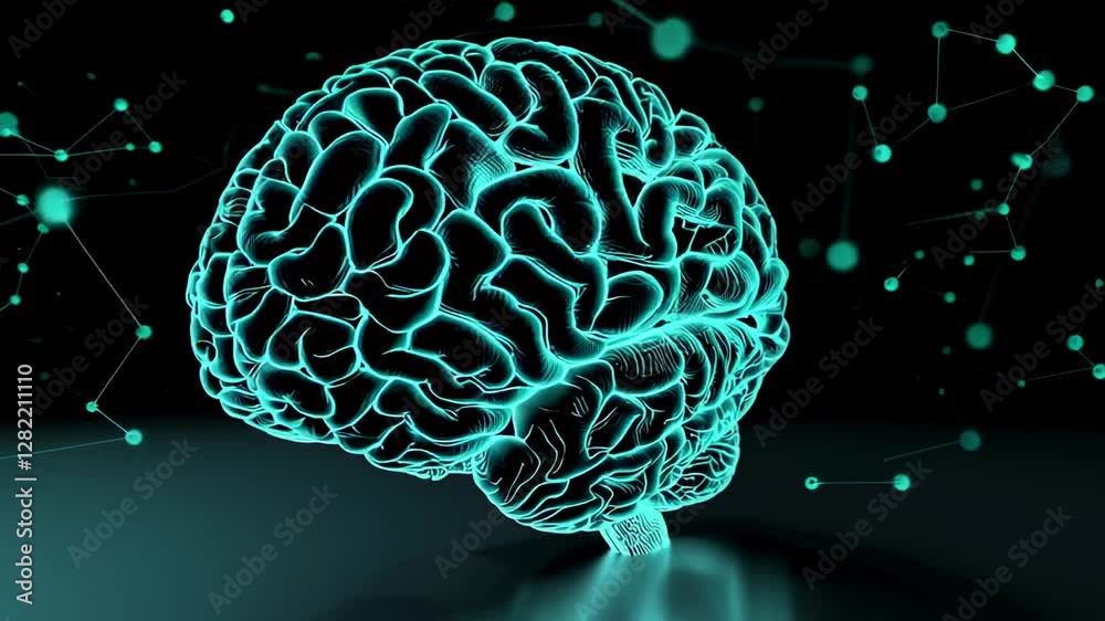 Aufkleber Turquoise glowing human brain rotating slowly on a dark background with a network of connections, creating a technological and futuristic atmosphere