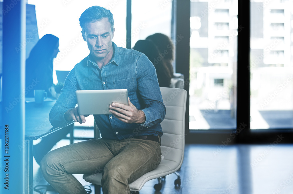 Poster Serious, research and man with tablet, business and software developer with skills for programming. Office, script and testing of system for error, programmer and confident for coding in company
