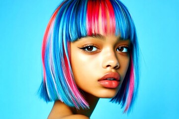 Fototapeta premium Commercial marketing visual drawing. Short haircut - multicolored hair. Lovely calm mixed-race girl - for ads, magazine ad and web marketing use. Stunning african women. Creative african ads.