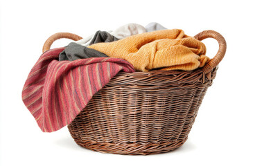 Obraz premium Wicker laundry basket with colorful clothes. Laundry room concept, housework, cleaning. Copy space.