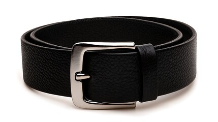Black Textured Leather Belt with Silver Buckle Fashion Accessory on White Background Fashionable