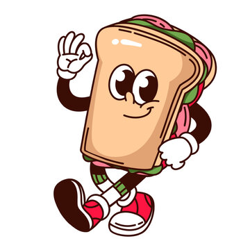 Naklejki Groovy sandwich cartoon character walking and greeting. Funny retro sandwich with ham and vegetables between slices of bread. Camping mascot, cartoon sticker of 70s 80s style vector illustration