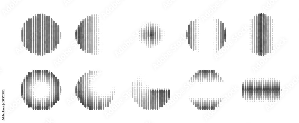 Poster Halftone textures featuring circular dot patterns on a white background, each with varying densities and arrangements. The minimal design highlights texture diversity, contrast, and form.
