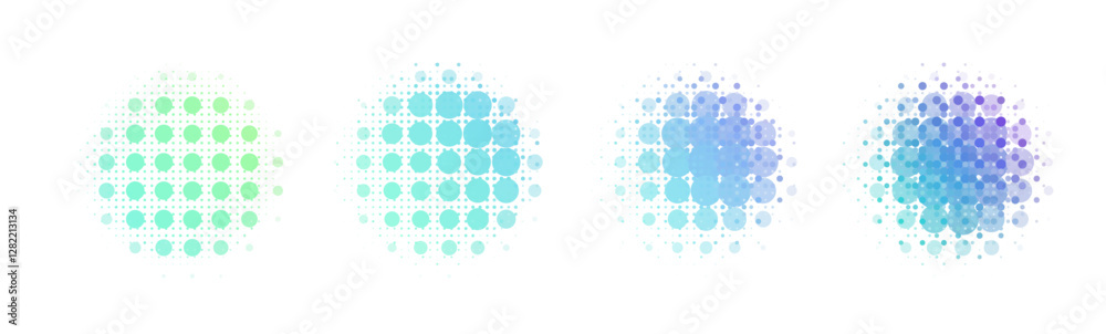 Poster Four circular halftone textures in green to blue hues on a white background. Each circle varies in dot size and density, creating a subtle gradient effect that emphasizes color transition.