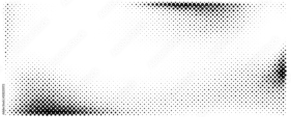 Poster Halftone texture with black dots varying in size, creating a gradient effect from dense black in corners to sparse white in the center. This design emphasizes contrast and visual flow.