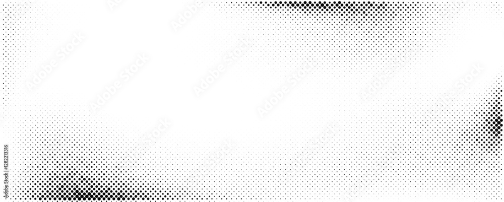 Poster Halftone texture with black dots varying in size, creating a gradient effect from dense black in corners to sparse white in the center. This design emphasizes contrast and visual flow.