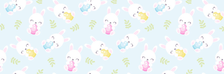 Easter bunnies on blue background seamless pattern. Cute happy rabbit with egg. Easter egg hunt vector.