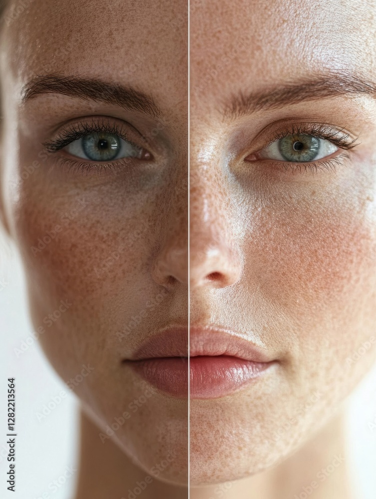 Poster Comparison of aging and youth in a womans face showcasing wrinkles on one side and smooth skin on the other side. Generative AI