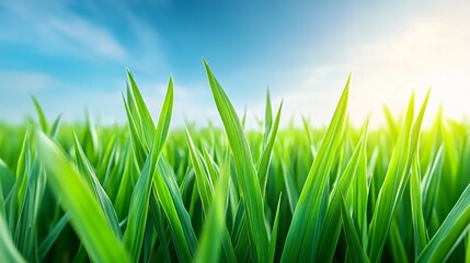Fototapeta premium Close up shot of fresh green grass under blue sky