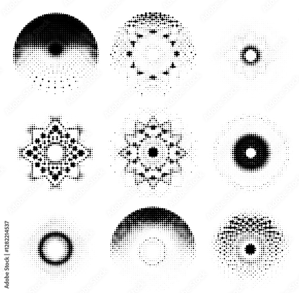 Poster Set of halftone textures featuring circular dot patterns on a white background, each with varying densities and arrangements. The minimal design highlights texture diversity, contrast, and form.