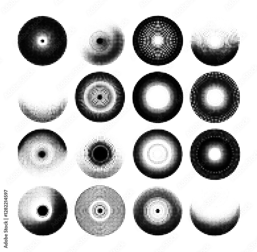 Poster Set of halftone textures featuring circular dot patterns on a white background, each with varying densities and arrangements. The minimal design highlights texture diversity, contrast, and form.