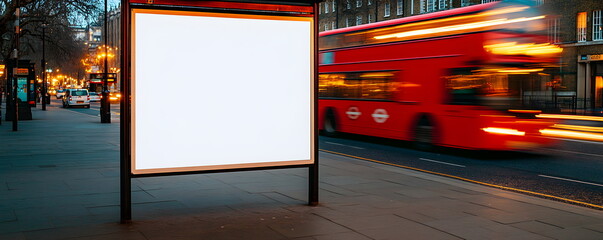 White mockup of square blank advertising billboard standing on street near bus stop outside busy city station with blurred moving red bus in background, copy space. Template. Banner, billboard.