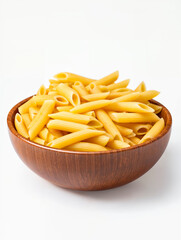 Freshly cooked penne pasta in a wooden bowl against a plain background ready for a delicious meal