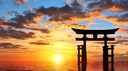 Majestic Torii Gate Silhouetted Against Vibrant Sunset Sky Over Serene Water Reflection