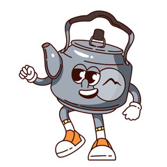 Groovy metal kettle cartoon character walking. Funny retro teapot for boiling water for hot tea and coffee. Camping, cooking mascot, cartoon rustic kettle sticker of 70s 80s style vector illustration