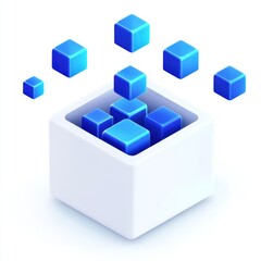 Obraz premium Blue cubes floating into a white box, representing data storage or transfer.