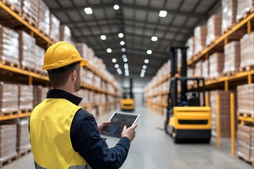 A warehouse worker using a tablet to manage inventory in a spacious storage facility filled with organized pallets and forklifts.