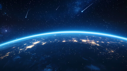 Fototapeta premium Earth at Night: City Lights and Meteors from Space