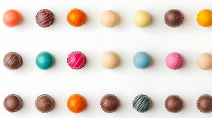 Obraz premium Colourful Selection of Candies and Truffles Displayed on White Background for Confectionery Creations