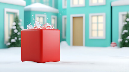 Bright Red Gift Box with Ice in Winter Wonderland Scene Surrounded by Snow and Colorful House Background