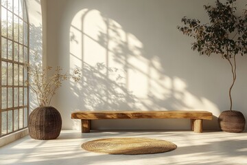 Natural light creates soft shadows on a minimalist white interior space in modern Scandinavian design