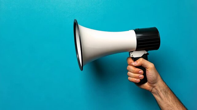 Hand holding a megaphone against a bright blue background to amplify voices during a public event or demonstration