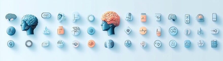 Mental Health Icons Set for Depression, Bipolar, PTSD, Panic, Anxiety, Therapy and Disorders
