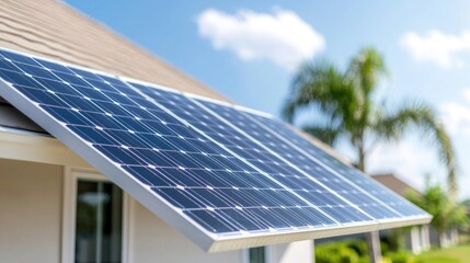Solar panels on a house roof in sunny day. Possible use for renewable energy