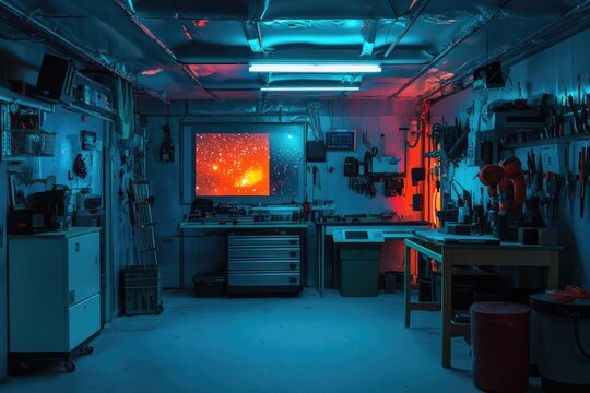 Neon-lit Workshop: A Cosmic Workspace with Tools and Equipment - Powered by Adobe
