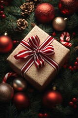 Christmas gift decorations featuring wrapped presents, candy canes, colorful ornaments on a green background for festive holiday designs