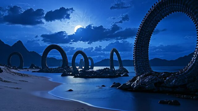 Mysterious rings on a moonlit beach create an otherworldly atmosphere in a serene coastal setting