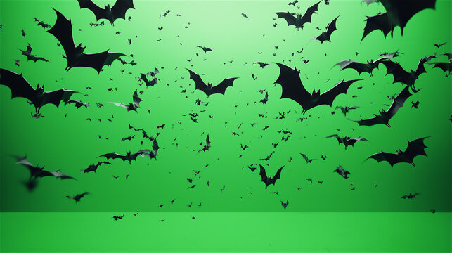 A vibrant green background with flying bats creating a spooky Halloween atmosphere. The image is ideal for events or decorations related to the eerie season.