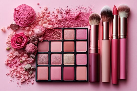 Luxurious makeup palette brushes lipsticks and mascara on a pastel pink background