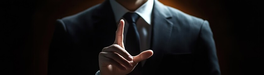 Obraz premium Businessman in Dark Suit Holding Finger to Lips Suggesting Mystery