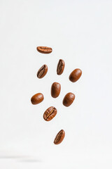 Floating Coffee Beans in Air with Clean White Background