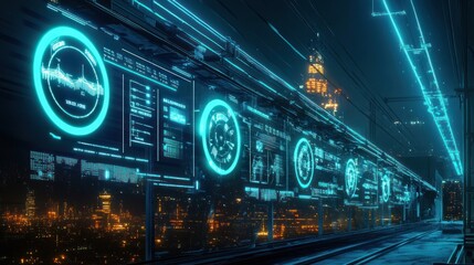 Futuristic Electrical Substation with Glowing Blue Power Lines and Digital Displays at Night