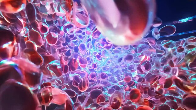 Close-up view of red blood cells flowing through a transparent vessel, surrounded by glowing light and vibrant colors, symbolizing biological processes.
