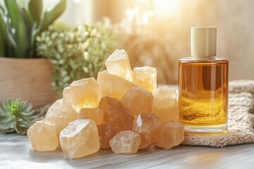 A collection of golden benzoin resin crystals arranged on a wooden surface next to a glass bottle filled with amber-colored aromatic oil. 