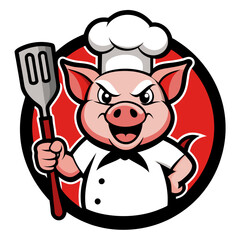  Pig Chef Cartoon with Toque and Spatula – Vector, Clipart, Line Art Illustration,  Cute pig chef with a toque and spatula – vector, clipart, and line art for digital designs.