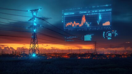 Electric Transmission Tower with Glowing Energy Streams in Cyberpunk Landscape Twilight
