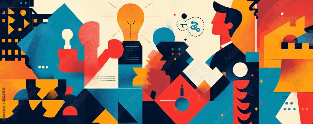 Poster business team solving problems finding solutions graphic illustration