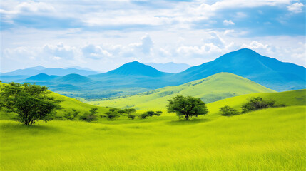 Fototapeta premium Rolling green hills under a cloudy sky, with lush grass covering the landscape. The image suggests a rural, tranquil setting with a sense of openness and freedom.