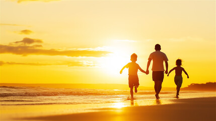 A silhouette of a family walking together on the beach at sunset. The sun is low on the horizon, casting a warm golden glow over the sand and water.