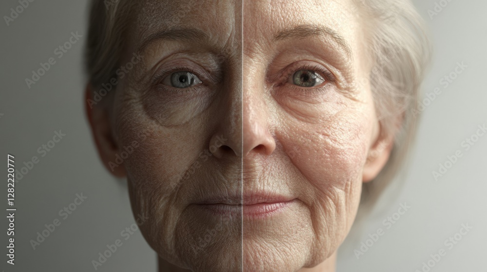 Aufkleber transformation of an aged face showing wrinkles on one side and smooth skin on the other side depict