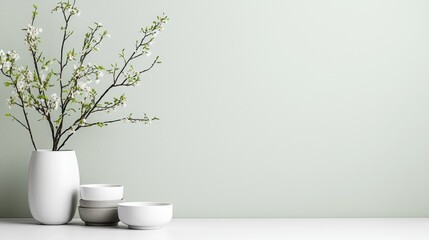 White vase with blossoms, bowls on table, pale green wall. Home decor, website banner